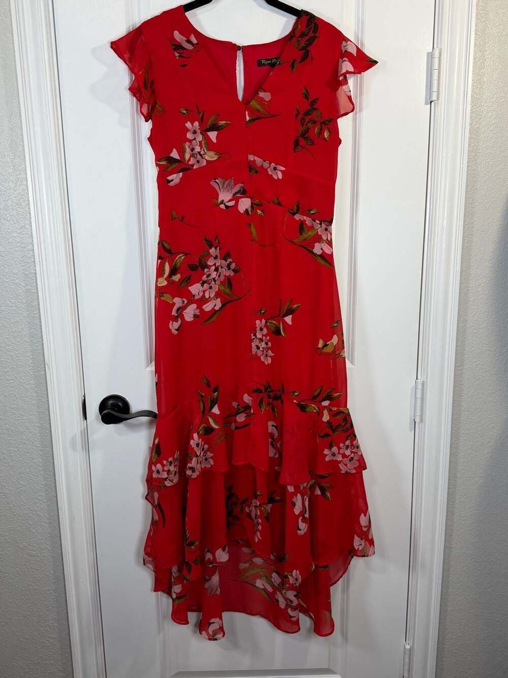 Ryan Michelle Red Floral High-Low Ruffle Dress, Size S